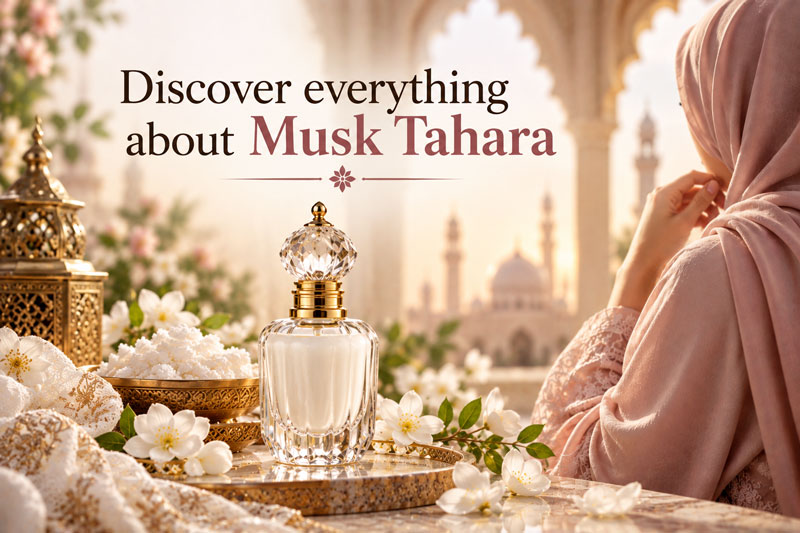 Bottle of pure white Musk Tahara attar roll-on for women on marble surface