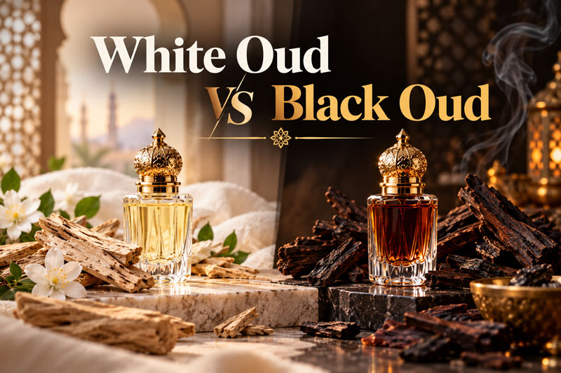 Head-to-head comparison bottle display of White Oud Attar next to Black Oud Attar on dark marble surface