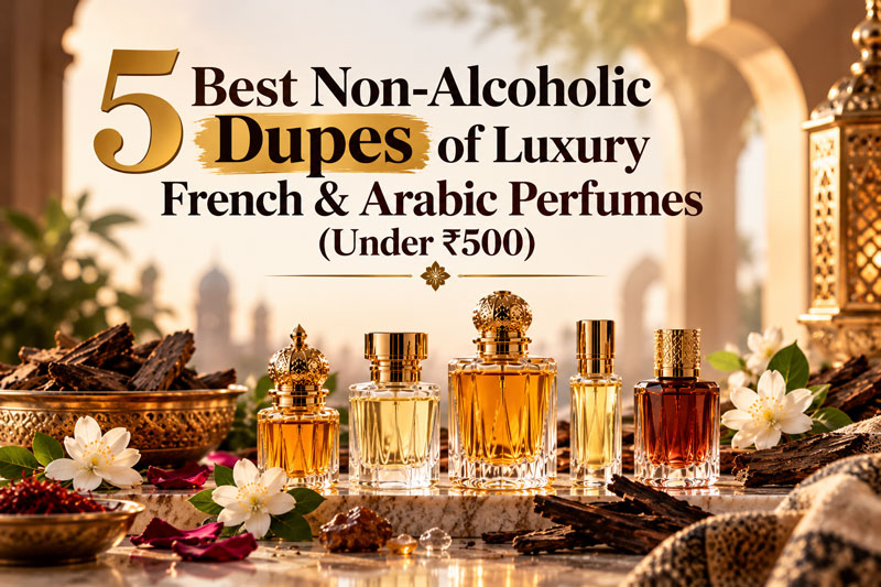 Collection of top 5 affordable luxury perfume oil dupe roll-on bottles under 500 displayed on a marble tray